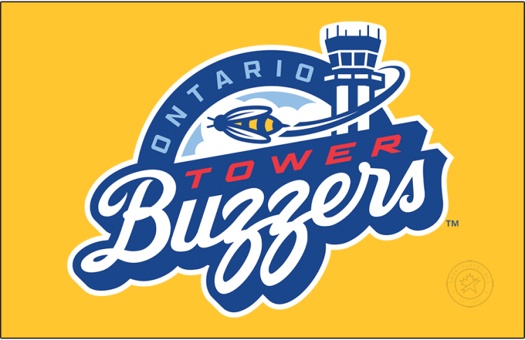 Ontario Tower Buzzers Logo Primary Dark Logo (2026-Pres) - The Ontario Tower Buzzers logo shows a yellow and blue striped bee flying past the tower of the Ontario International Airport. The team name is featured in red, with half of it scripted in white. The city name 'ONTARIO' is arched above in sky blue. SportsLogos.Net
