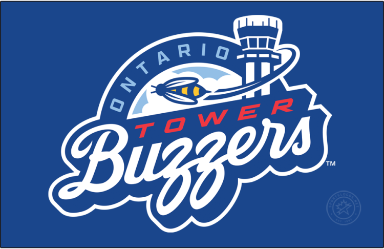 Ontario Tower Buzzers Logo Primary Dark Logo (2026-Pres) - The Ontario Tower Buzzers logo shows a yellow and blue striped bee flying past the tower of the Ontario International Airport. The team name is featured in red, with half of it scripted in white. The city name 'ONTARIO' is arched above in sky blue. SportsLogos.Net