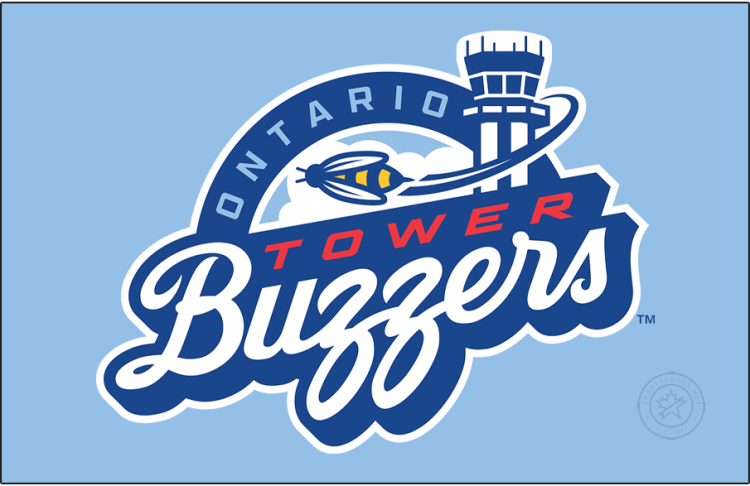 Ontario Tower Buzzers Logo Primary Dark Logo (2026-Pres) - The Ontario Tower Buzzers logo shows a yellow and blue striped bee flying past the tower of the Ontario International Airport. The team name is featured in red, with half of it scripted in white. The city name 'ONTARIO' is arched above in sky blue. SportsLogos.Net