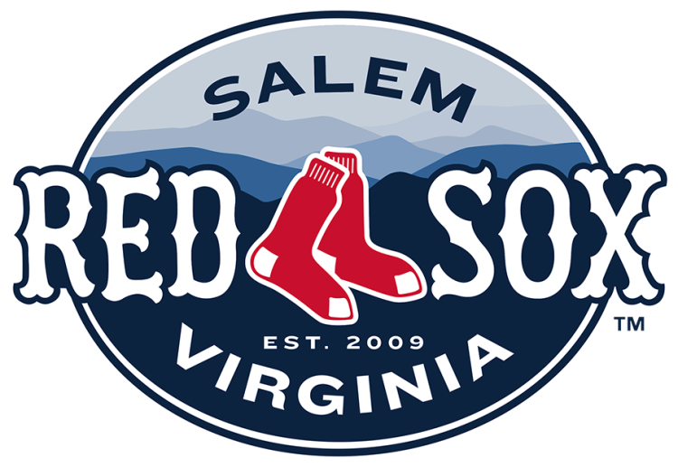 Salem Red Sox Logo Primary Logo (2009-2025) - The Salem Red Sox logo featured the pair of red socks from their MLB affiliate in Boston on an oval that shows a mountain landscape. The team name is placed on either side of the socks in white with the city name SALEM arched above and their home state of Virginia arched below in white. The Red Sox changed their name to the RidgeYaks following the 2025 season. SportsLogos.Net