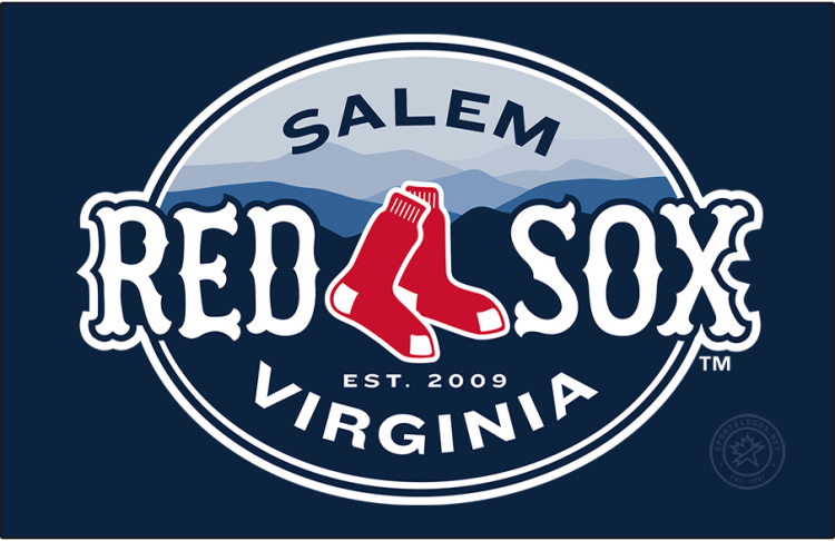 Salem Red Sox Logo Primary Dark Logo (2009-2025) - The Salem Red Sox logo featured the pair of red socks from their MLB affiliate in Boston on an oval that shows a mountain landscape. The team name is placed on either side of the socks in white with the city name SALEM arched above and their home state of Virginia arched below in white. The Red Sox changed their name to the RidgeYaks following the 2025 season. SportsLogos.Net