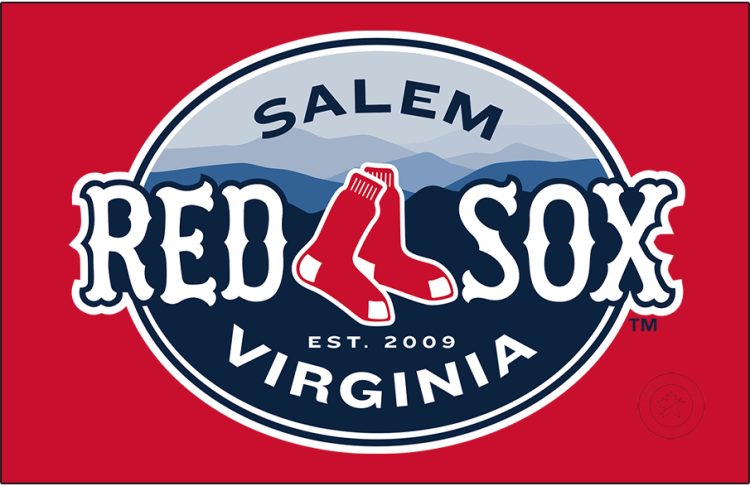 Salem Red Sox Logo Primary Dark Logo (2009-2025) - The Salem Red Sox logo featured the pair of red socks from their MLB affiliate in Boston on an oval that shows a mountain landscape. The team name is placed on either side of the socks in white with the city name SALEM arched above and their home state of Virginia arched below in white. The Red Sox changed their name to the RidgeYaks following the 2025 season. SportsLogos.Net