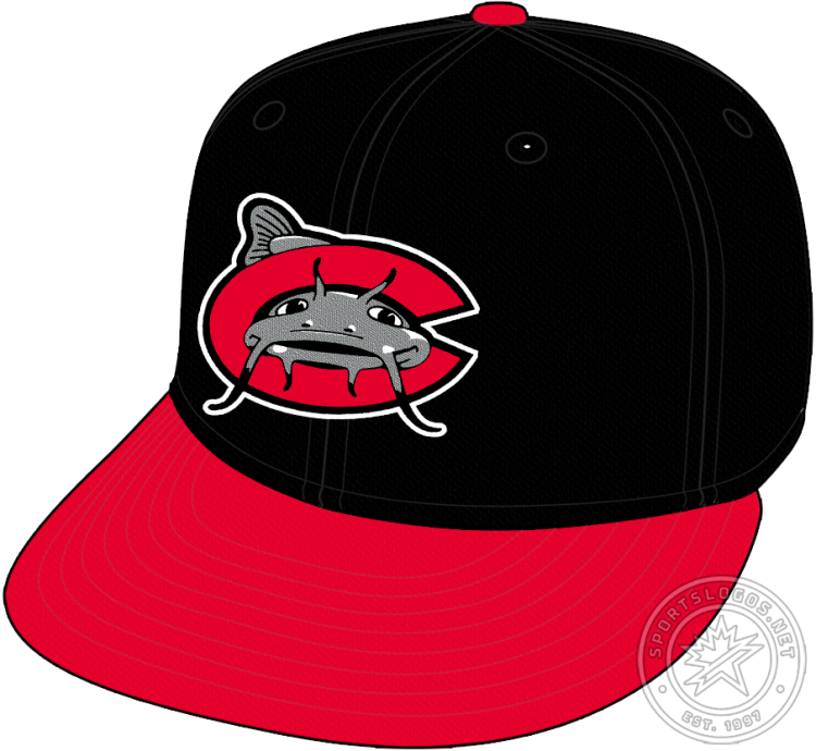 Carolina Mudcats Cap Cap (2012-2025) - The Carolina Mudcats home cap features a grey catfish swimming through a red 