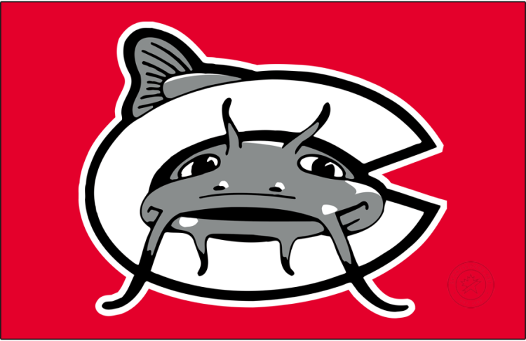 Carolina Mudcats Logo Cap Logo (2012-2025) - The Carolina Mudcats road cap logo features a grey catfish swimming through a white 