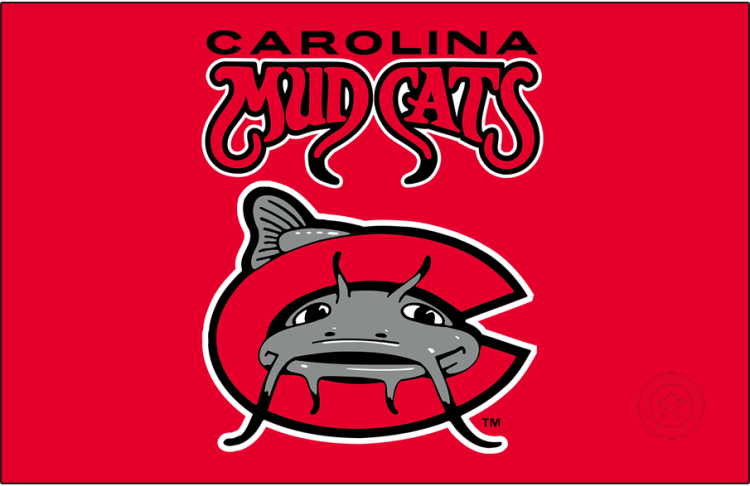 Carolina Mudcats Logo Primary Dark Logo (2012-2025) - The Carolina Mudcats logo features a grey catfish swimming through a red 