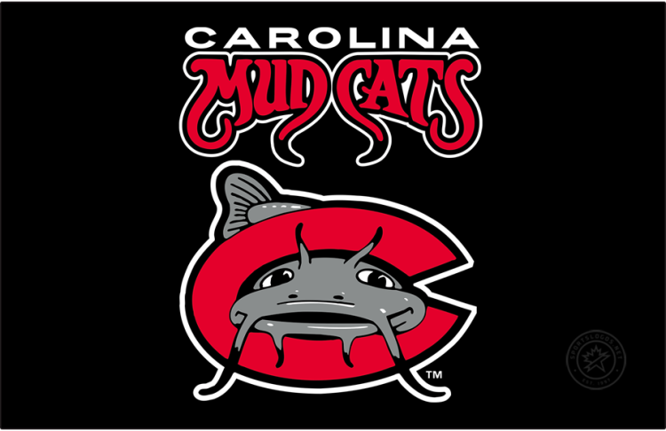 Carolina Mudcats Logo Primary Dark Logo (2012-2025) - The Carolina Mudcats logo features a grey catfish swimming through a red 