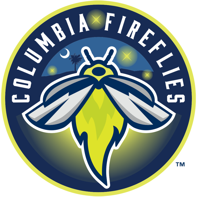 Columbia Fireflies Logo Primary Logo (2021-Pres) - The Columbia Fireflies logo features a neon green firefly with silver wings placed on a blue circle showing a typical night sky with a moon and palm tree (a nod to the South Carolina flag), and other fireflies. The team name is arched above in white, and the entire logo is trimmed in a light neon green. This logo appears twice to account for the Fireflies' move from the South Atlantic League to the Carolina League in 2021. SportsLogos.Net