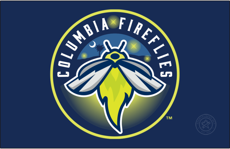 Columbia Fireflies Logo Primary Dark Logo (2021-Pres) - The Columbia Fireflies logo features a neon green firefly with silver wings placed on a blue circle showing a typical night sky with a moon and palm tree (a nod to the South Carolina flag), and other fireflies. The team name is arched above in white, and the entire logo is trimmed in a light neon green. This logo appears twice to account for the Fireflies' move from the South Atlantic League to the Carolina League in 2021. SportsLogos.Net