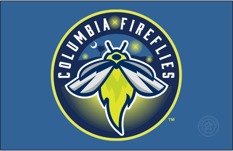 Columbia Fireflies Logo Primary Dark Logo (2021-Pres) - The Columbia Fireflies logo features a neon green firefly with silver wings placed on a blue circle showing a typical night sky with a moon and palm tree (a nod to the South Carolina flag), and other fireflies. The team name is arched above in white, and the entire logo is trimmed in a light neon green. This logo appears twice to account for the Fireflies' move from the South Atlantic League to the Carolina League in 2021. SportsLogos.Net