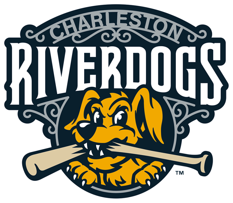 Charleston RiverDogs Logo Primary Logo (2021-Pres) - The Charleston RiverDogs logo features a yellow and blue dog biting a baseball bat in half below the team name in silver and white. SportsLogos.Net
