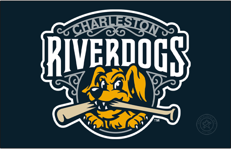 Charleston RiverDogs Logo Primary Dark Logo (2021-Pres) - The Charleston RiverDogs logo features a yellow and blue dog biting a baseball bat in half below the team name in silver and white. SportsLogos.Net