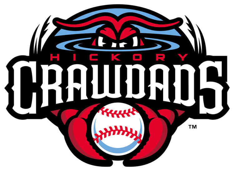 Hickory Crawdads Logo Primary Logo (2025-Pres) - The Hickory Crawdads logo shows a red crayfish (or crawdad) known as Conrad the Crawdad with its eyes peeking out above the water and holding a baseball in its claws below. The team name is across the front in white and red on black. This logo appears twice here to account for the club's move to the Carolina League in 2025. SportsLogos.Net