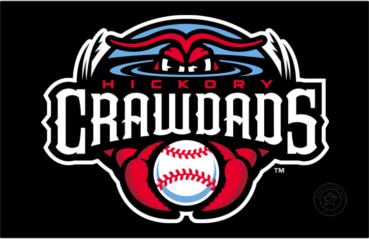 Hickory Crawdads Logo Primary Dark Logo (2025-Pres) - The Hickory Crawdads logo shows a red crayfish (or crawdad) known as Conrad the Crawdad with its eyes peeking out above the water and holding a baseball in its claws below. The team name is across the front in white and red on black. This logo appears twice here to account for the club's move to the Carolina League in 2025. SportsLogos.Net