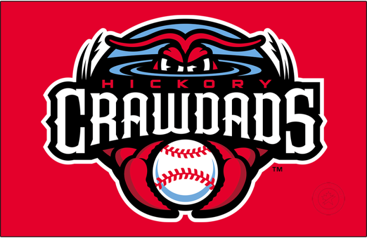 Hickory Crawdads Logo Primary Dark Logo (2025-Pres) - The Hickory Crawdads logo shows a red crayfish (or crawdad) known as Conrad the Crawdad with its eyes peeking out above the water and holding a baseball in its claws below. The team name is across the front in white and red on black. This logo appears twice here to account for the club's move to the Carolina League in 2025. SportsLogos.Net