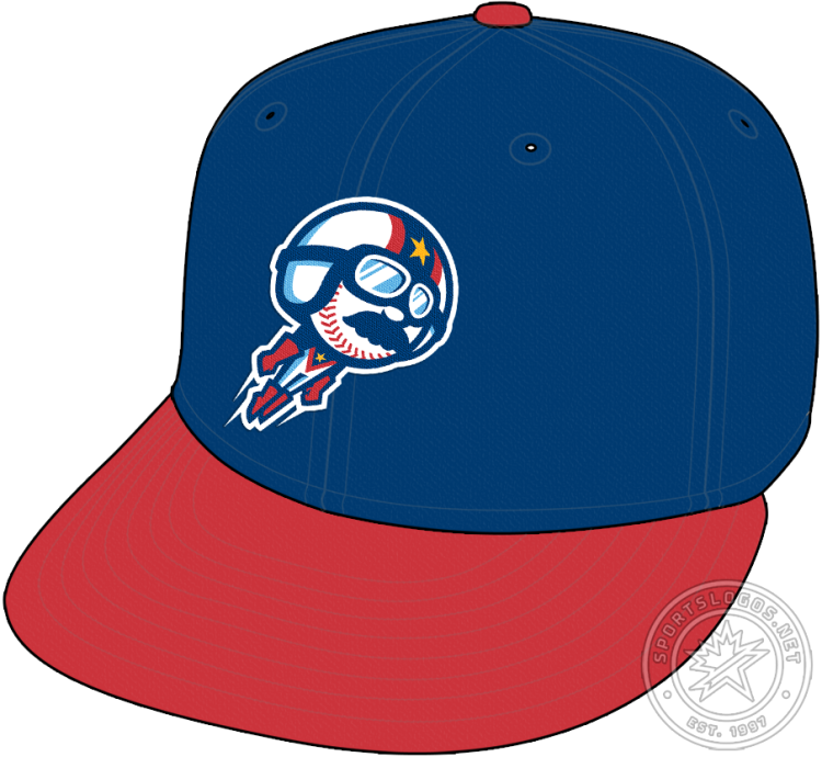 Kannapolis Cannon Ballers Cap Cap (2021-Pres) - The Kannapolis Cannon Ballers road cap logo features a baseball-headed moustachioed stuntman wearing a white helmet on a navy blue crown with a red visor and red button. The stuntman sports a moustache very reminiscent of NASCAR driver and one-time franchise owner, Dale Earnhardt. SportsLogos.Net