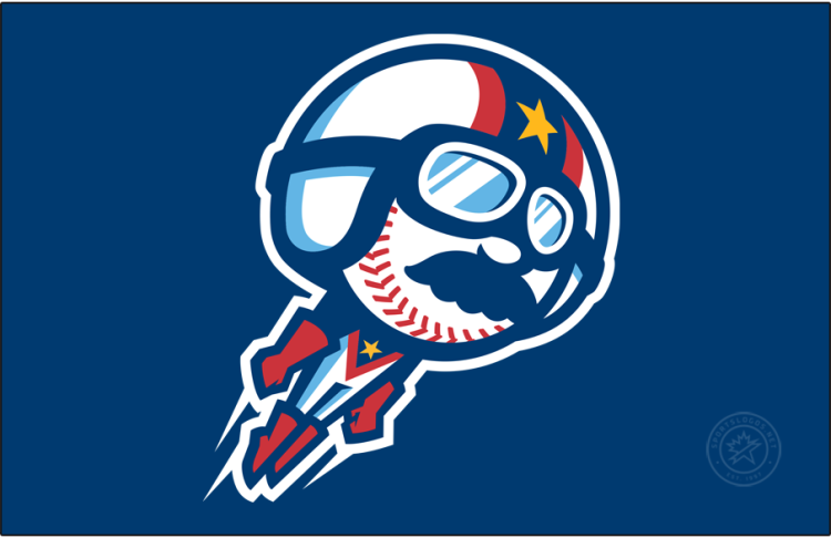 Kannapolis Cannon Ballers Logo Cap Logo (2021-Pres) - The Kannapolis Cannon Ballers cap logo features a baseball-headed moustachioed stuntman wearing a white helmet on a navy blue crown. The stuntman sports a moustache very reminiscent of NASCAR driver and one-time franchise owner, Dale Earnhardt. SportsLogos.Net