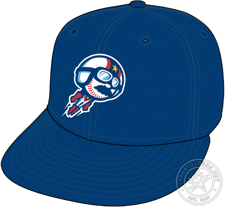 Kannapolis Cannon Ballers Cap Cap (2021-Pres) - The Kannapolis Cannon Ballers home cap logo features a baseball-headed moustachioed stuntman wearing a white helmet on an all-navy blue cap. The stuntman sports a moustache very reminiscent of NASCAR driver and one-time franchise owner, Dale Earnhardt. SportsLogos.Net