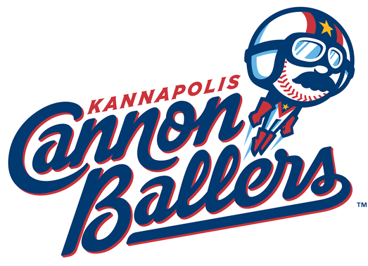Kannapolis Cannon Ballers Logo Primary Logo (2021-Pres) - The Kannapolis Cannon Ballers logo features a baseball-headed moustachioed stuntman wearing a white helmet with the team name scripted to the left in red and blue. The stuntman sports a moustache very reminiscent of NASCAR driver and one-time franchise owner, Dale Earnhardt. SportsLogos.Net