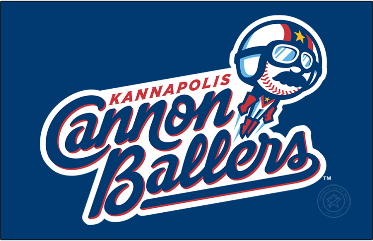 Kannapolis Cannon Ballers Logo Primary Dark Logo (2021-Pres) - The Kannapolis Cannon Ballers logo features a baseball-headed moustachioed stuntman wearing a white helmet with the team name scripted to the left in red and blue. The stuntman sports a moustache very reminiscent of NASCAR driver and one-time franchise owner, Dale Earnhardt. SportsLogos.Net