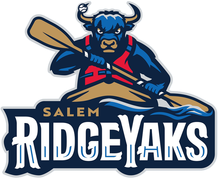 Salem RidgeYaks Logo Primary Logo (2026-Pres) - The Salem RidgeYaks logo features a blue yak with beige horns and a red life jacket paddling in a kayak. A baseball is impaled on one horn. SportsLogos.Net