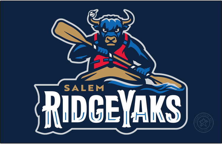 Salem RidgeYaks Logo Primary Dark Logo (2026-Pres) - The Salem RidgeYaks logo features a blue yak with beige horns and a red life jacket paddling in a kayak. A baseball is impaled on one horn. SportsLogos.Net