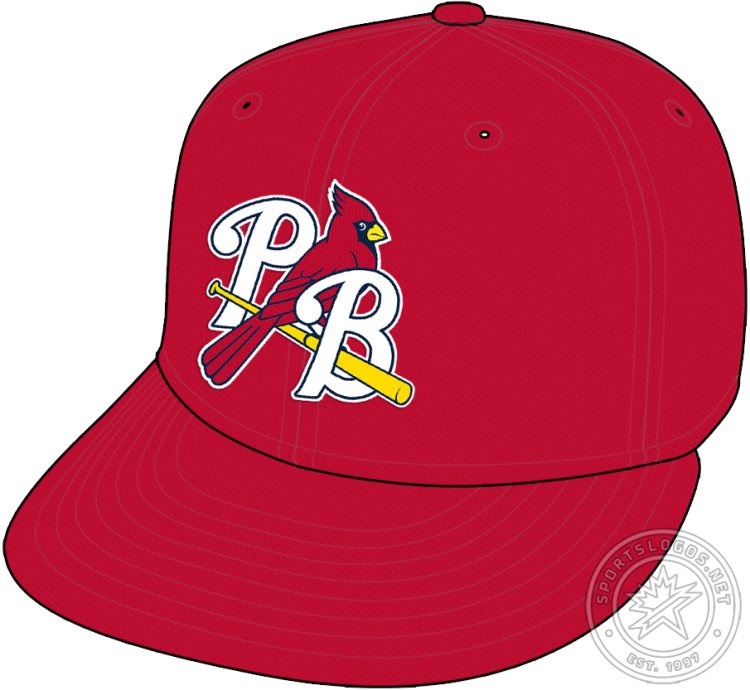 Palm Beach Cardinals Cap Cap (2015-Pres) - The Palm Beach Cardinals cap features the red, blue, and yellow cardinal bird from their primary logo perched on a yellow baseball bat with a scripted 