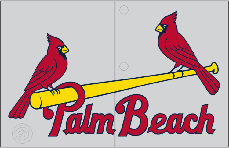 Palm Beach Cardinals Logo Jersey Logo (2012-Pres) - The Palm Beach Cardinals road jersey logo is directly inspired by their MLB affiliate club, the St. Louis Cardinals. It features two red cardinal birds with navy blue features perched on either end of a yellow baseball bat above 