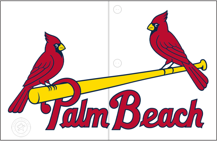 Palm Beach Cardinals Logo Jersey Logo (2012-Pres) - The Palm Beach Cardinals home jersey logo is directly inspired by their MLB affiliate club, the St. Louis Cardinals. It features two red cardinal birds with navy blue features perched on either end of a yellow baseball bat above 