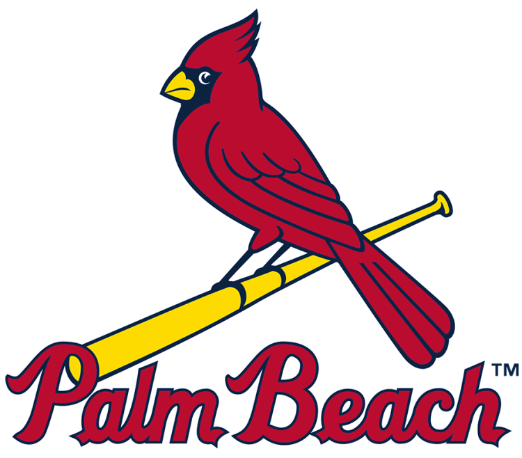 Palm Beach Cardinals Logo Primary Logo (2003-2014) - The original Palm Beach Cardinals logo was directly inspired by their MLB affiliate club, the St. Louis Cardinals. It features a red cardinal bird with navy blue features perched on a yellow baseball bat above 