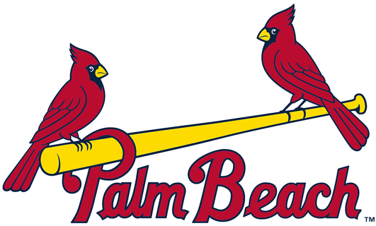 Palm Beach Cardinals Logo Primary Logo (2015-Pres) - The Palm Beach Cardinals logo is directly inspired by their MLB affiliate club, the St. Louis Cardinals. It features two red cardinal birds with navy blue features perched on either end of a yellow baseball bat above 