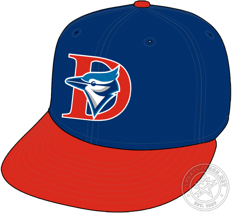 Dunedin Blue Jays Cap Cap (1997-2003) - The Dunedin Blue Jays cap, worn from 1997 to 2003, featured the bird from the Toronto Blue Jays logo of the era on a red 