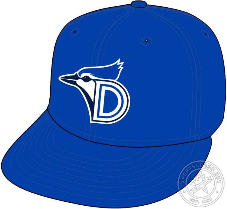 Dunedin Blue Jays Cap Cap (2012-Pres) - The Dunedin Blue Jays home and road cap references their MLB affiliate's Toronto Blue Jays logo. It shows a blue jay head in profile in two shades of blue with a split letter blue and white 