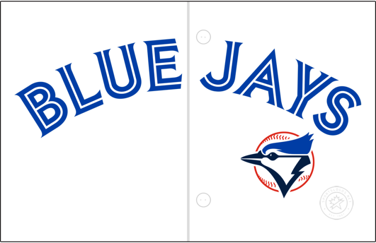 Dunedin Blue Jays Logo Jersey Logo (2012-Pres) - The Dunedin Blue Jays home jersey logo is based on their MLB parent club in Toronto; it features the same split-style 