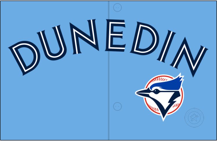 Dunedin Blue Jays Logo Jersey Logo (2024-Pres) - The Dunedin Blue Jays alternate jersey logo is based on their MLB parent club in Toronto; it features the same split-style wordmark with 