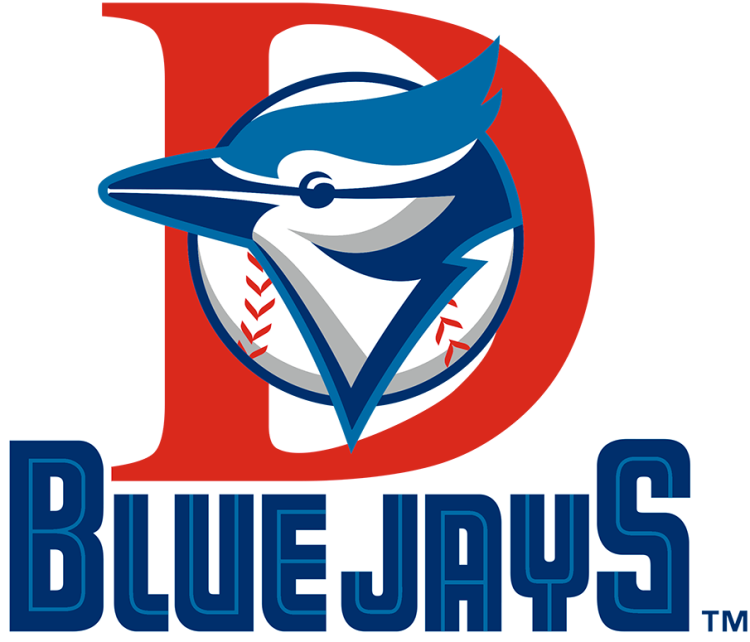 Dunedin Blue Jays Logo Primary Logo (1997-2003) - The Dunedin Blue Jays logo from 1997 to 2003 is based heavily on the Toronto Blue Jays logo of this time; it features their blue jay bird profile on a large red 