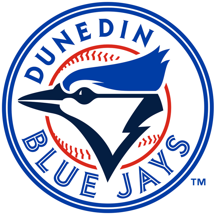 Dunedin Blue Jays Logo Primary Logo (2012-Pres) - The Dunedin Blue Jays logo is a copy of their MLB affiliate's Toronto Blue Jays logo. It shows a blue jay head in profile in two shades of blue with a white baseball stitched and trimmed in red with the team name arched around the top and bottom. SportsLogos.Net