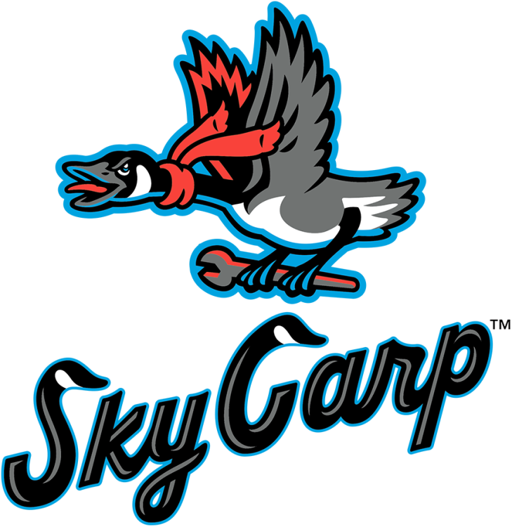 Beloit Sky Carp Logo Primary Logo (2022-Pres) - The Beloit Sky Carp logo features a black, white, and silver Canada Goose flying with a red scarf on and clutching a silver wrench. The team name 