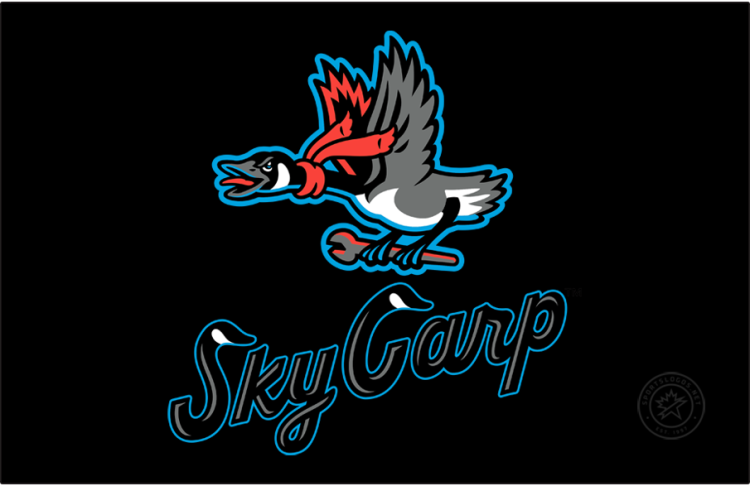 Beloit Sky Carp Logo Primary Dark Logo (2022-Pres) - The Beloit Sky Carp logo features a black, white, and silver Canada Goose flying with a red scarf on and clutching a silver wrench. The team name 