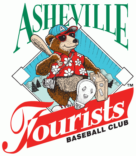 Asheville Tourists Logo Primary Logo (1980-2004) - Traveling bear with hat, bat, camera and suitcase in front of a blue diamond in between team name SportsLogos.Net Asheville Tourists Logo Primary Logo (1980-2004) - Traveling bear with hat, bat, camera and suitcase in front of a blue diamond in between team name SportsLogos.Net