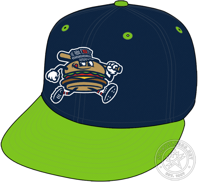 Hub City Spartanburgers Cap Cap (2025-Pres) - The Hub City Spartanburgers alternate cap shows a hamburger dressed with cheese, tomato, and lettuce with a cartoon face on the bun, wearing a railroad cap and holding a baseball bat and running to the right on the front of a navy blue crown with a green visor, button, and eyelets. SportsLogos.Net