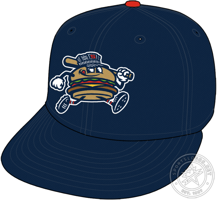 Hub City Spartanburgers Cap Cap (2025-Pres) - The Hub City Spartanburgers home cap shows a hamburger dressed with cheese, tomato, and lettuce with a cartoon face on the bun, wearing a railroad cap and holding a baseball bat and running to the right on the front of a navy blue crown with a red button. SportsLogos.Net
