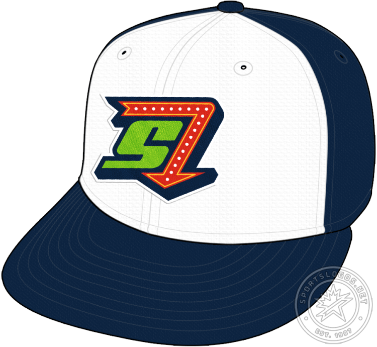 Hub City Spartanburgers Cap Cap (2025-Pres) - The Hub City Spartanburgers alternate cap logo shows a green S trimmed in navy blue with a red and yellow neon sign-style arrow pointing down. Worn on the front of a navy blue cap with a white front panel. The 