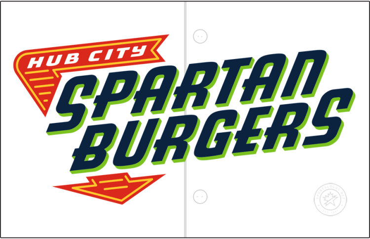 Hub City Spartanburgers Logo Jersey Logo (2025-Pres) - The Hub City Spartanburgers' home jersey logo features the club name in navy blue lettering with green drop shadow, with a red neon-sign style arrow above pointing down with 