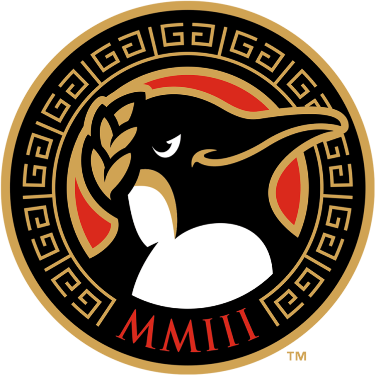 Rome Emperors Logo Alternate Logo (2024-Pres) - The Rome Emperors alternate logo features the head of an emperor penguin wearing a golden laurel leaf crown inside a red and black circle with gold Roman decor. At the bottom of the circle is the Roman numeral MMIII, representing the team's establishment year of 2003. SportsLogos.Net