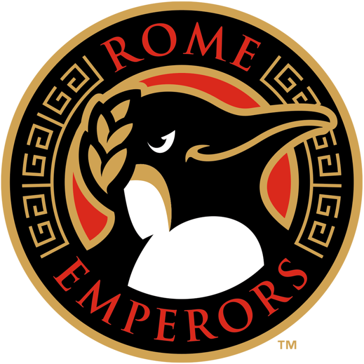 Rome Emperors Logo Alternate Logo (2024-Pres) - The Rome Emperors alternate logo features the head of an emperor penguin wearing a golden laurel leaf crown inside a red and black circle with gold Roman decor. The team name is added within the circle in red lettering. SportsLogos.Net
