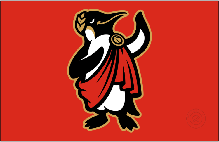 Rome Emperors Logo Cap Logo (2024-Pres) - The Rome Emperors road cap logo features an emperor penguin wearing a gold laurel leaf crown and a red toga while gesturing to an off-cap crowd. This is worn on the front of a red cap with a black visor, button, and eyelets for the Rome Emperors' road games. SportsLogos.Net