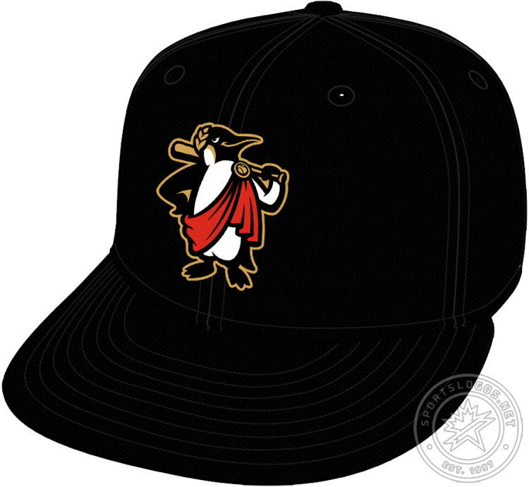 Rome Emperors Cap Cap (2024-Pres) - The Rome Emperors home cap features an emperor penguin wearing a gold laurel leaf crown and a red toga while holding a gold baseball bat. This is worn on the front of an all-black cap for the Rome Emperors' home games. SportsLogos.Net