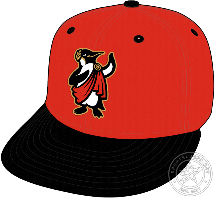 Rome Emperors Cap Cap (2024-Pres) - The Rome Emperors road cap features an emperor penguin wearing a gold laurel leaf crown and a red toga while gesturing to an off-cap crowd. This is worn on the front of a red cap with a black visor, button, and eyelets for the Rome Emperors' road games. SportsLogos.Net
