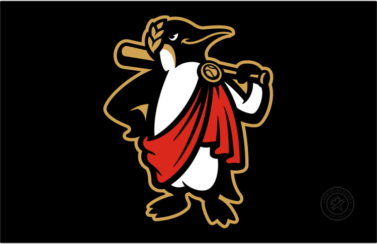 Rome Emperors Logo Cap Logo (2024-Pres) - The Rome Emperors home cap logo features an emperor penguin wearing a gold laurel leaf crown and a red toga while holding a gold baseball bat. This is worn on the front of an all-black cap for the Rome Emperors' home games. SportsLogos.Net