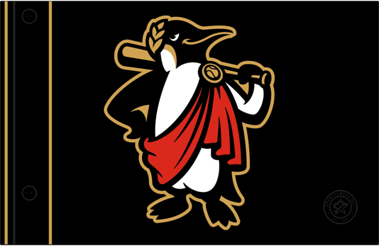 Rome Emperors Logo Jersey Logo (2024-Pres) - The Rome Emperors alternate jersey logo features an emperor penguin wearing a red toga and holding a gold baseball bat on the upper left side of a black button-up jersey with gold piping. SportsLogos.Net